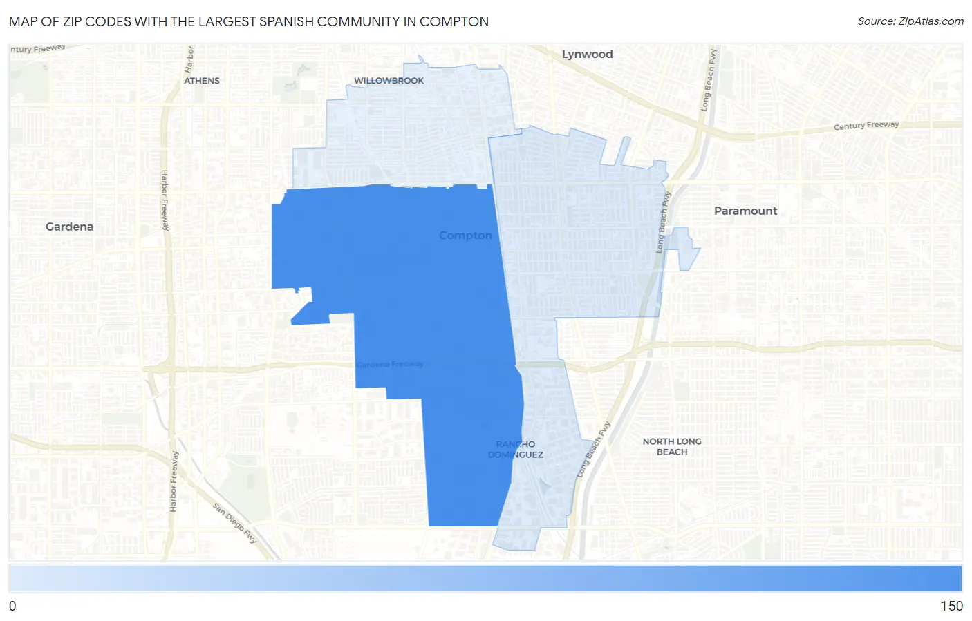 Zip Codes with the Largest Spanish Community in Compton Map