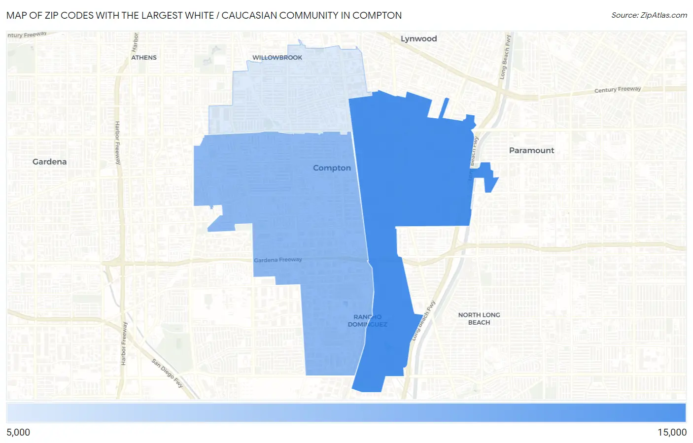 Zip Codes with the Largest White / Caucasian Community in Compton Map