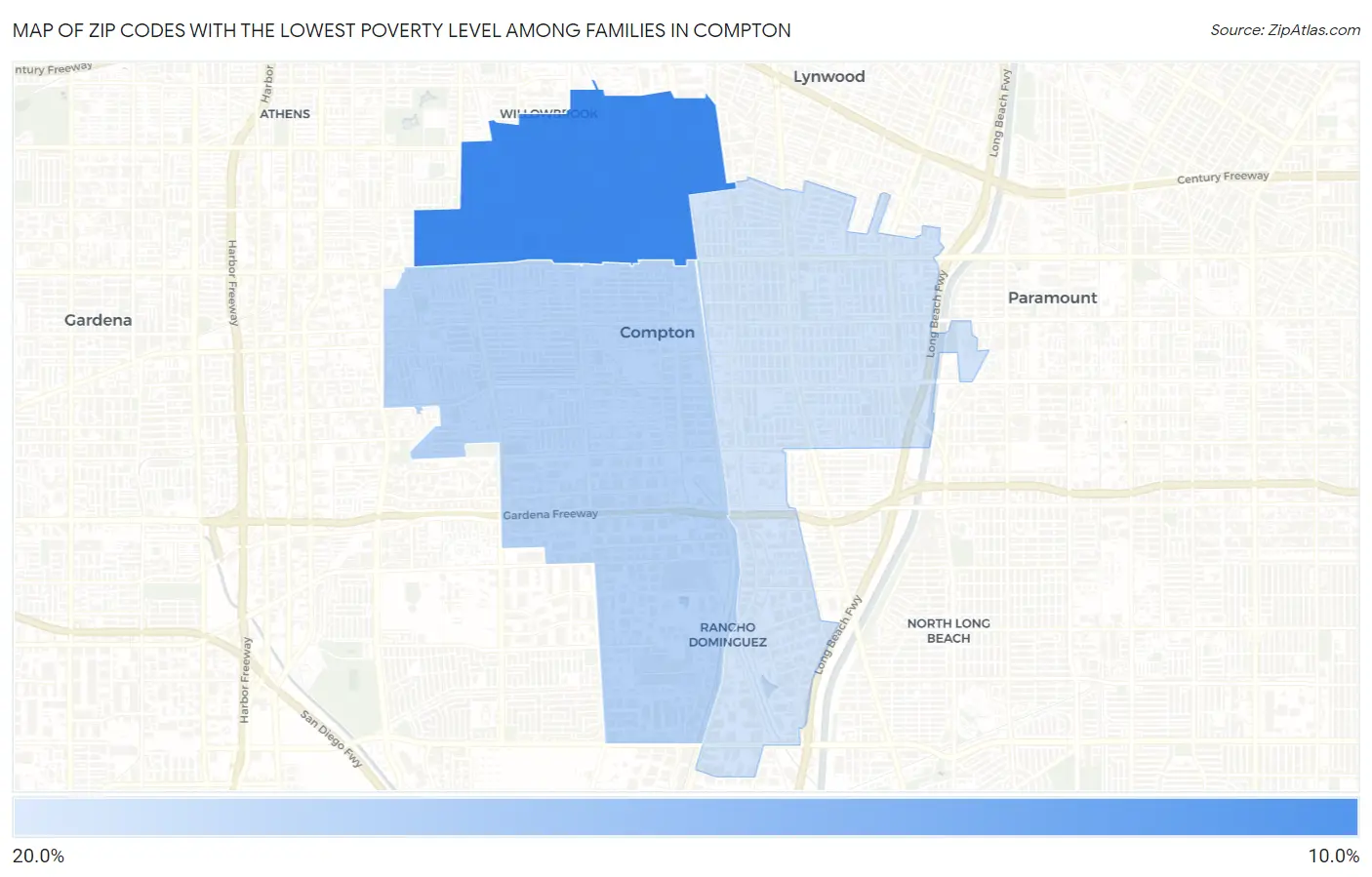 Zip Codes with the Lowest Poverty Level Among Families in Compton Map