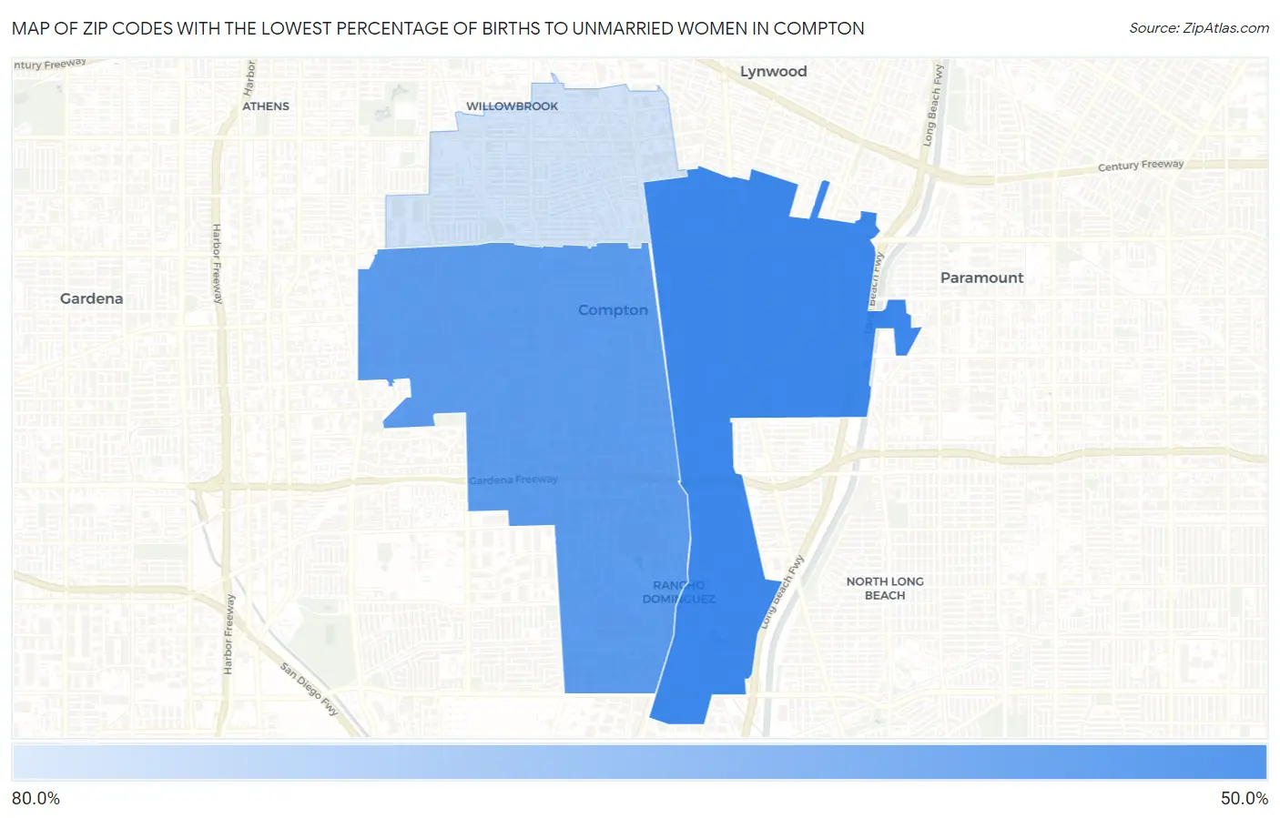 Zip Codes with the Lowest Percentage of Births to Unmarried Women in Compton Map