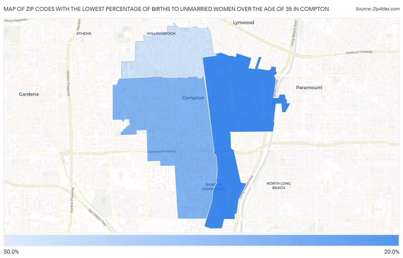 Zip Codes with the Lowest Percentage of Births to Unmarried Women over the Age of 35 in Compton Map