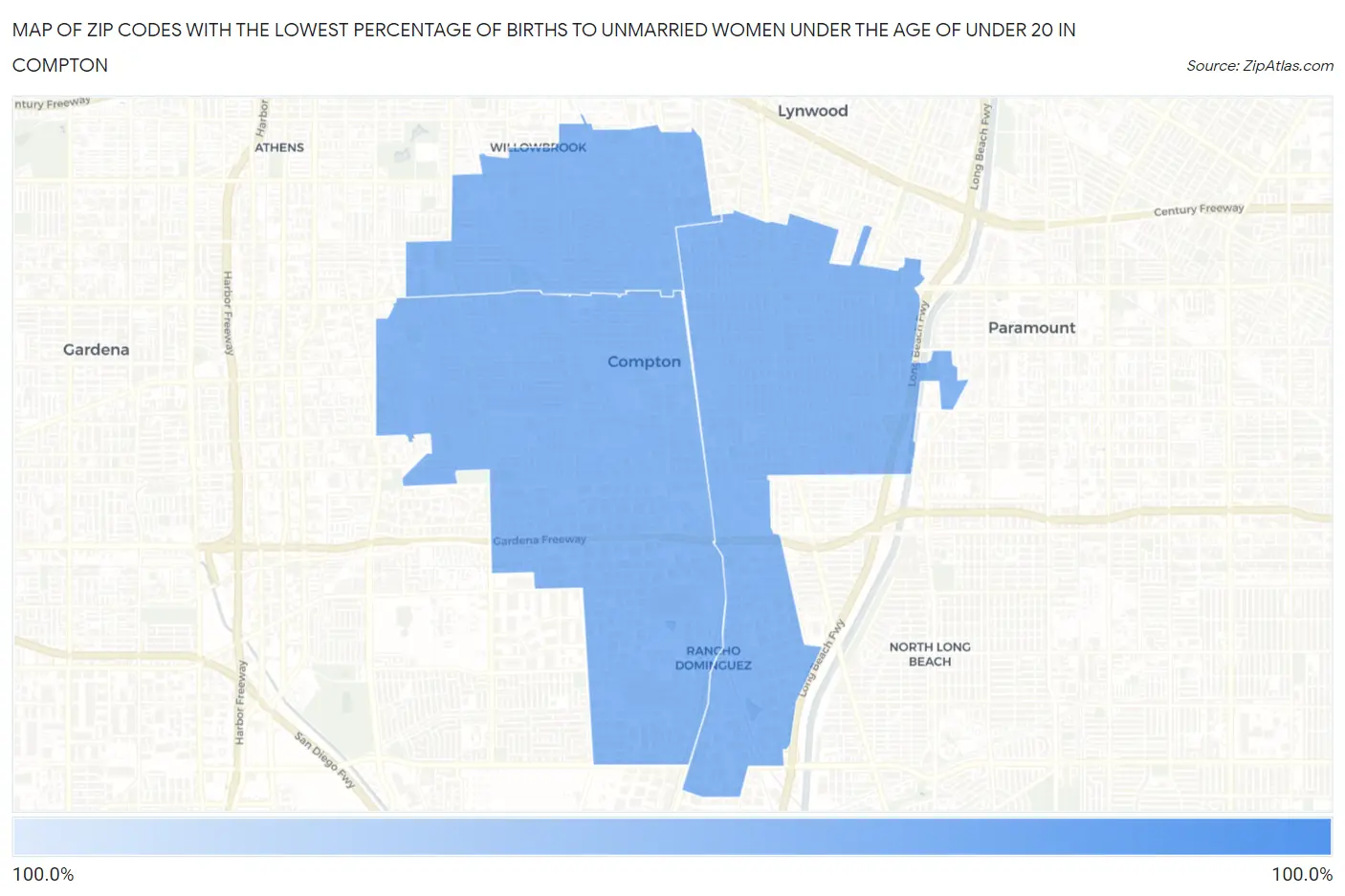 Zip Codes with the Lowest Percentage of Births to Unmarried Women under the Age of under 20 in Compton Map