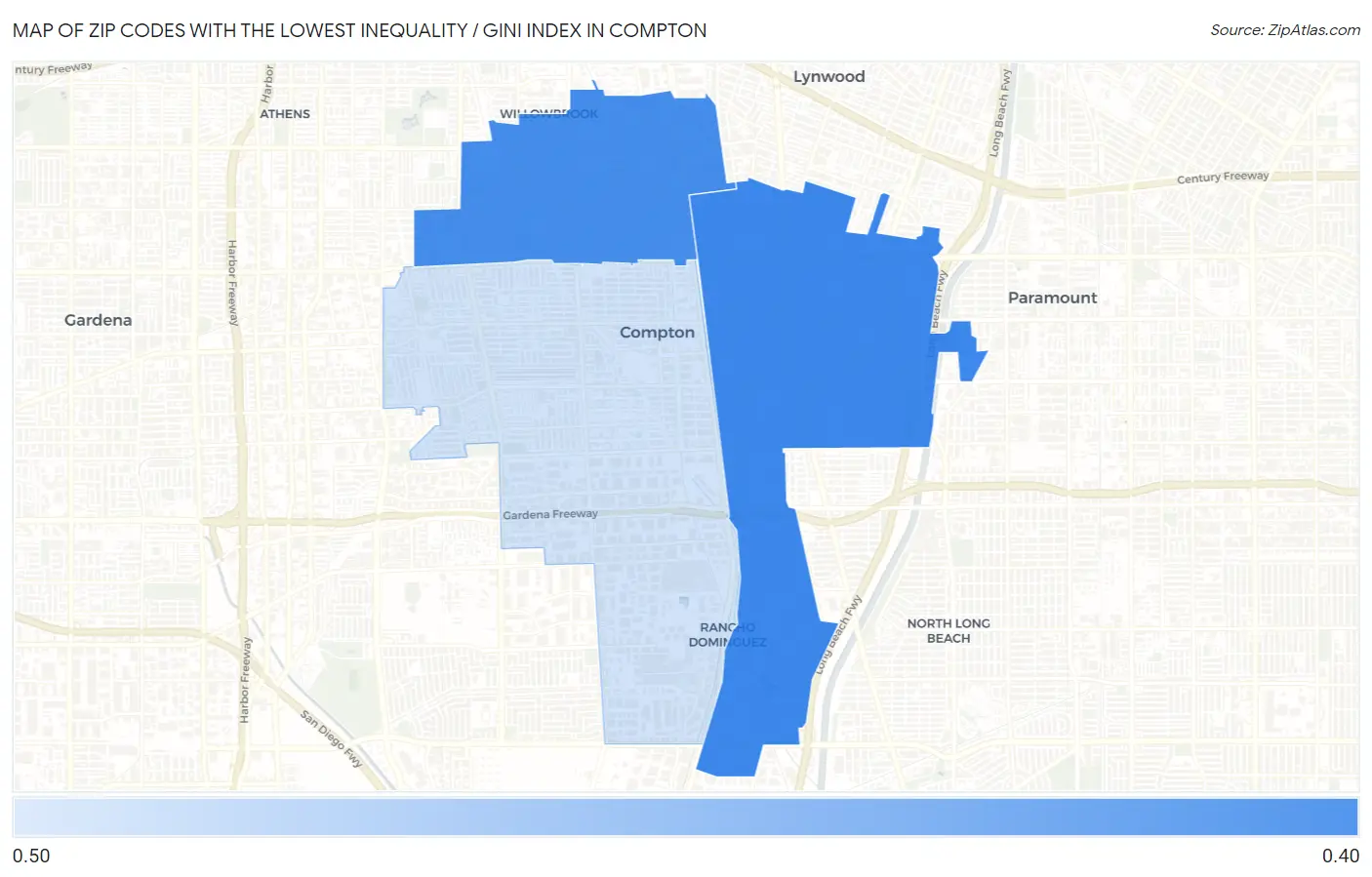 Zip Codes with the Lowest Inequality / Gini Index in Compton Map