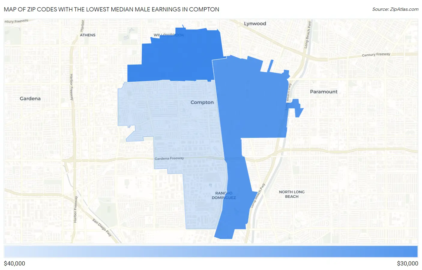 Zip Codes with the Lowest Median Male Earnings in Compton Map