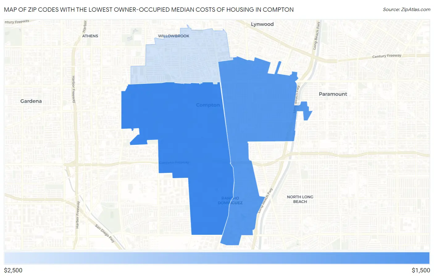 Zip Codes with the Lowest Owner-Occupied Median Costs of Housing in Compton Map