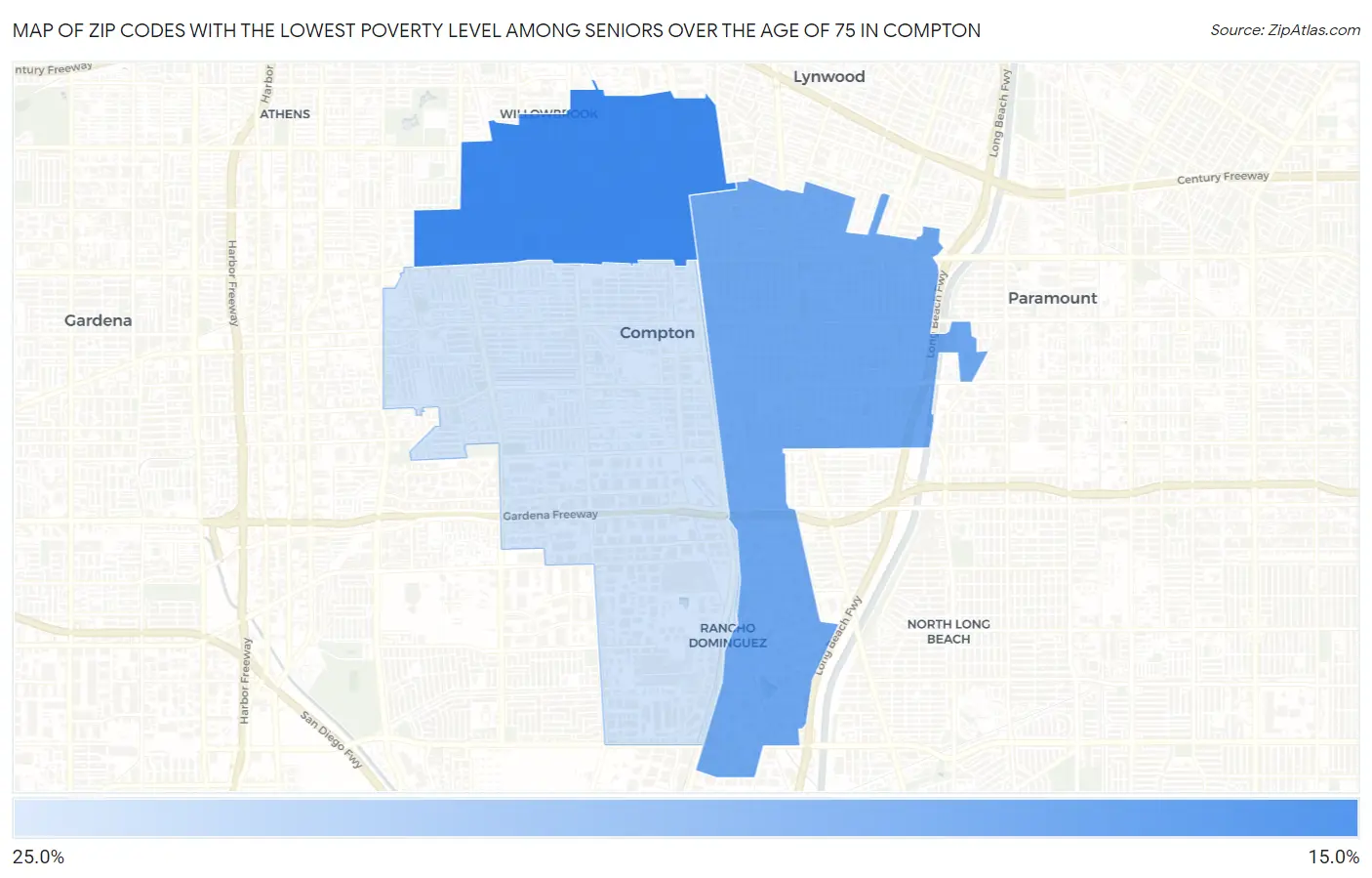 Zip Codes with the Lowest Poverty Level Among Seniors Over the Age of 75 in Compton Map