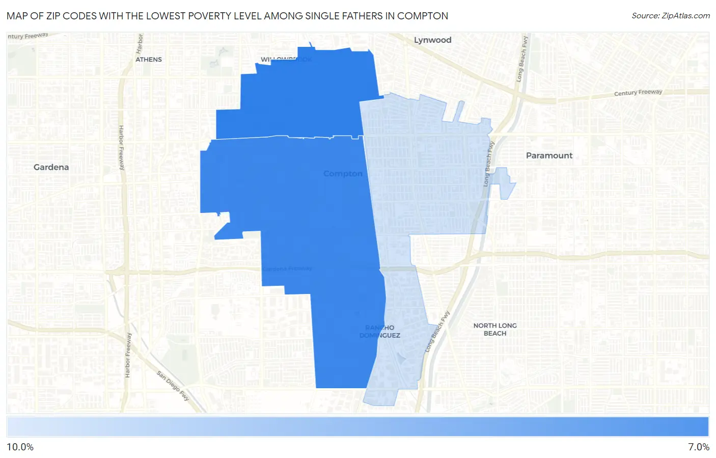Zip Codes with the Lowest Poverty Level Among Single Fathers in Compton Map
