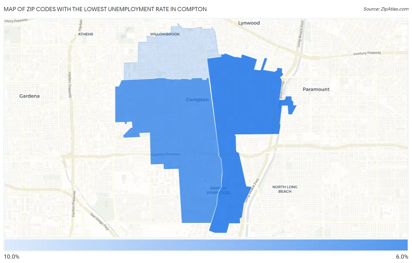 Zip Codes with the Lowest Unemployment Rate in Compton Map