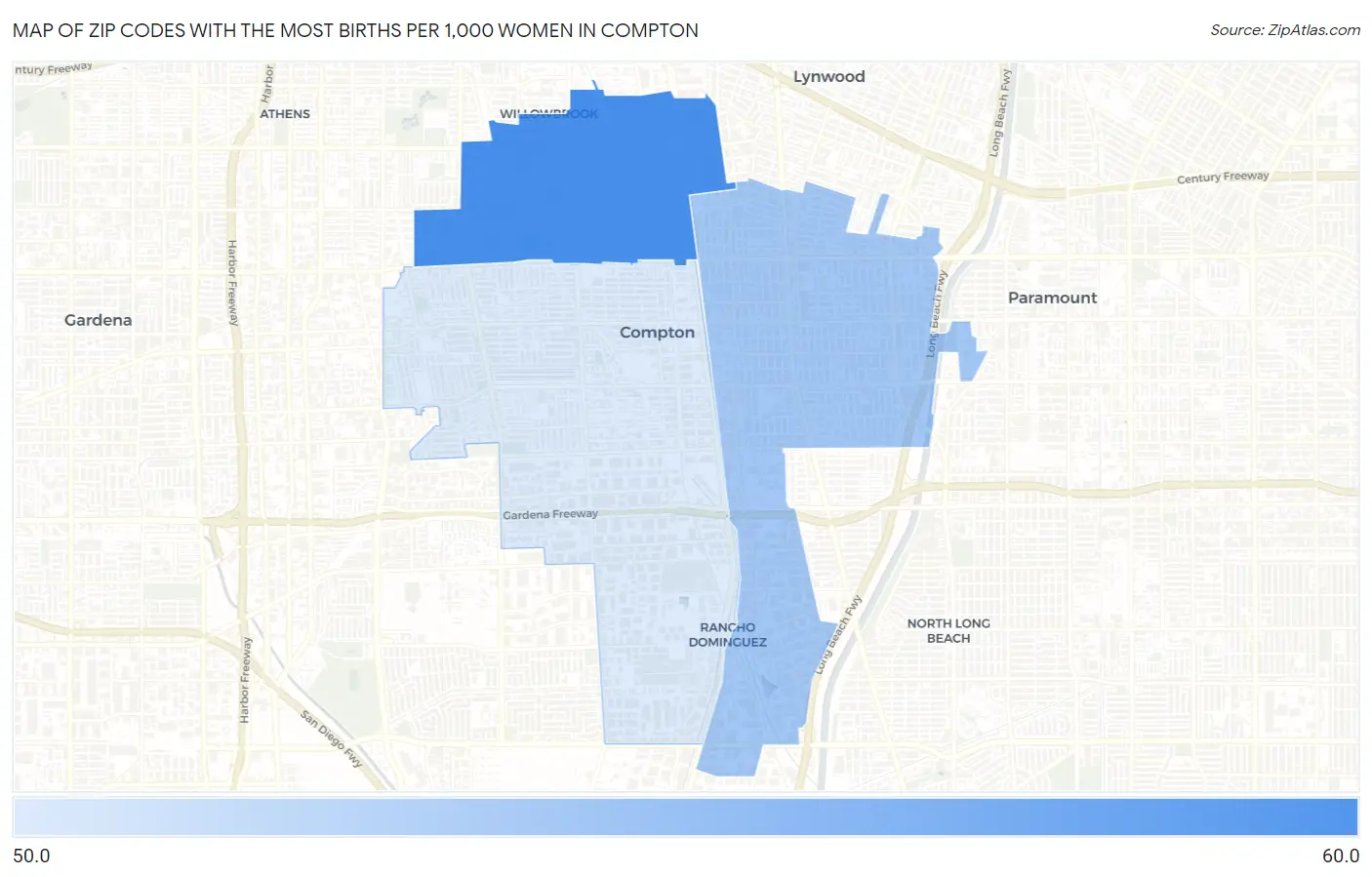 Zip Codes with the Most Births per 1,000 Women in Compton Map