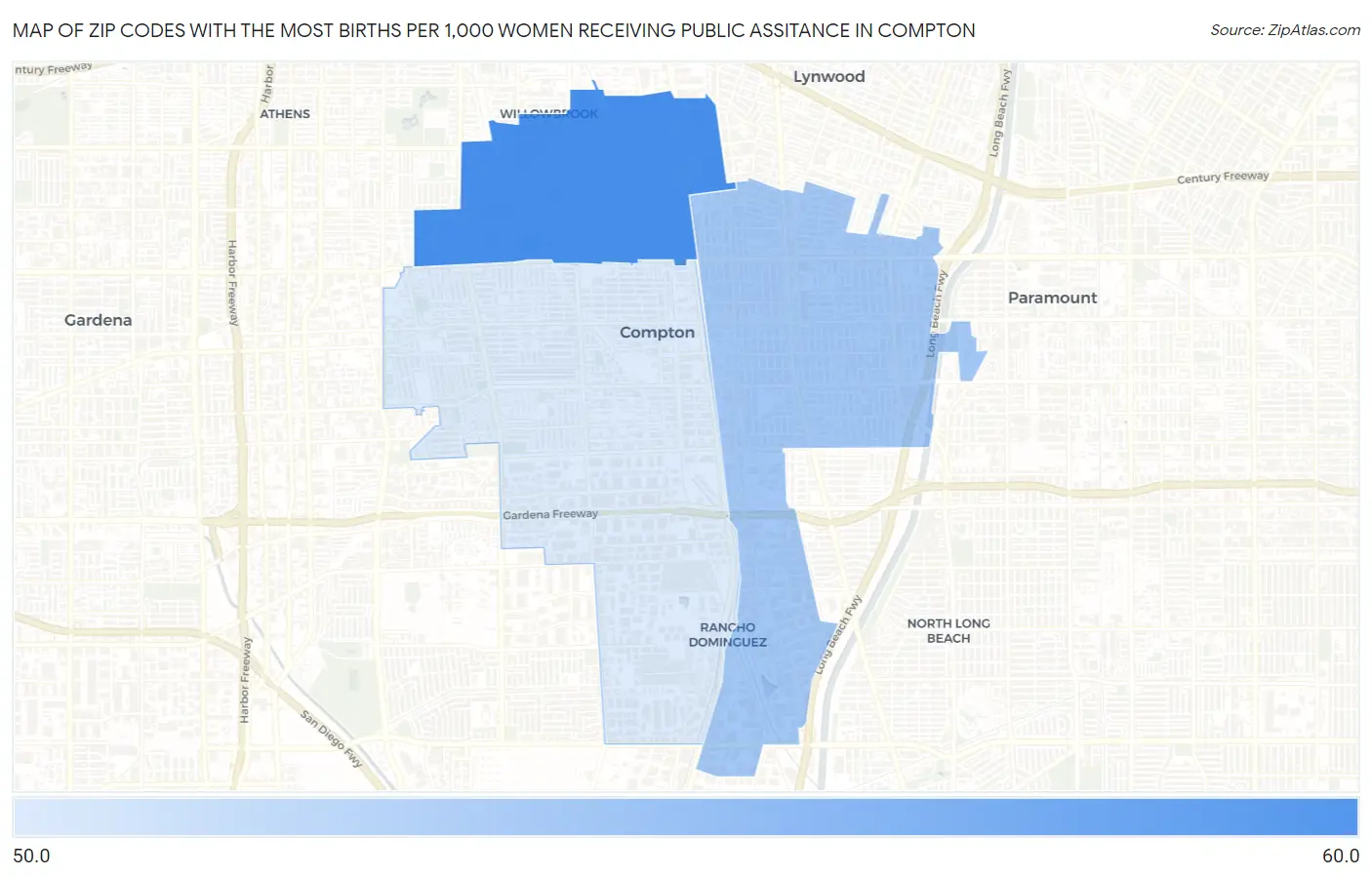 Zip Codes with the Most Births per 1,000 Women Receiving Public Assitance in Compton Map