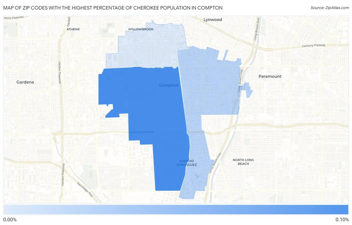 Zip Codes with the Highest Percentage of Cherokee Population in Compton Map
