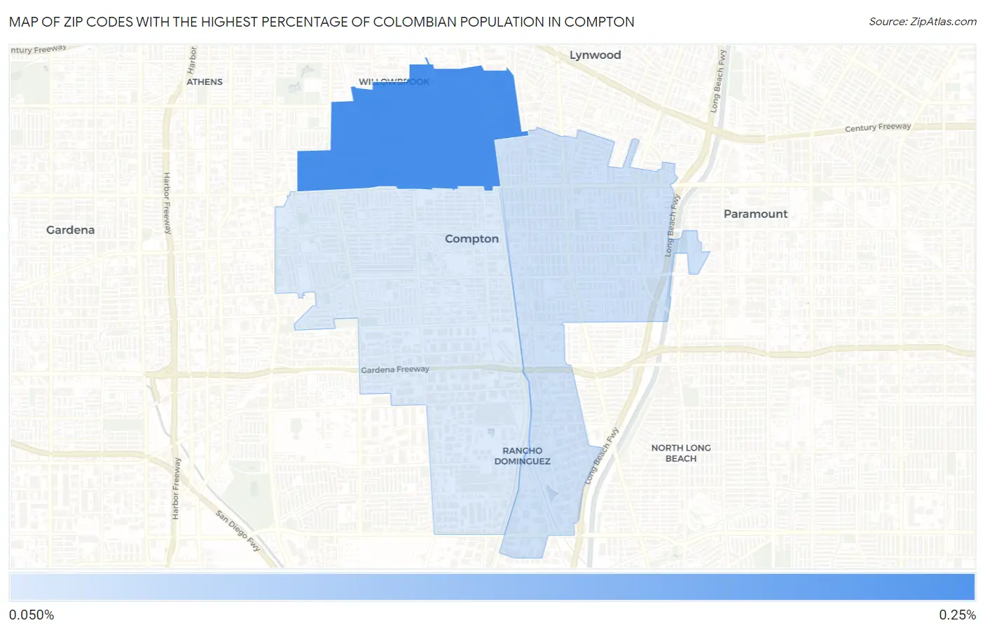 Zip Codes with the Highest Percentage of Colombian Population in Compton Map