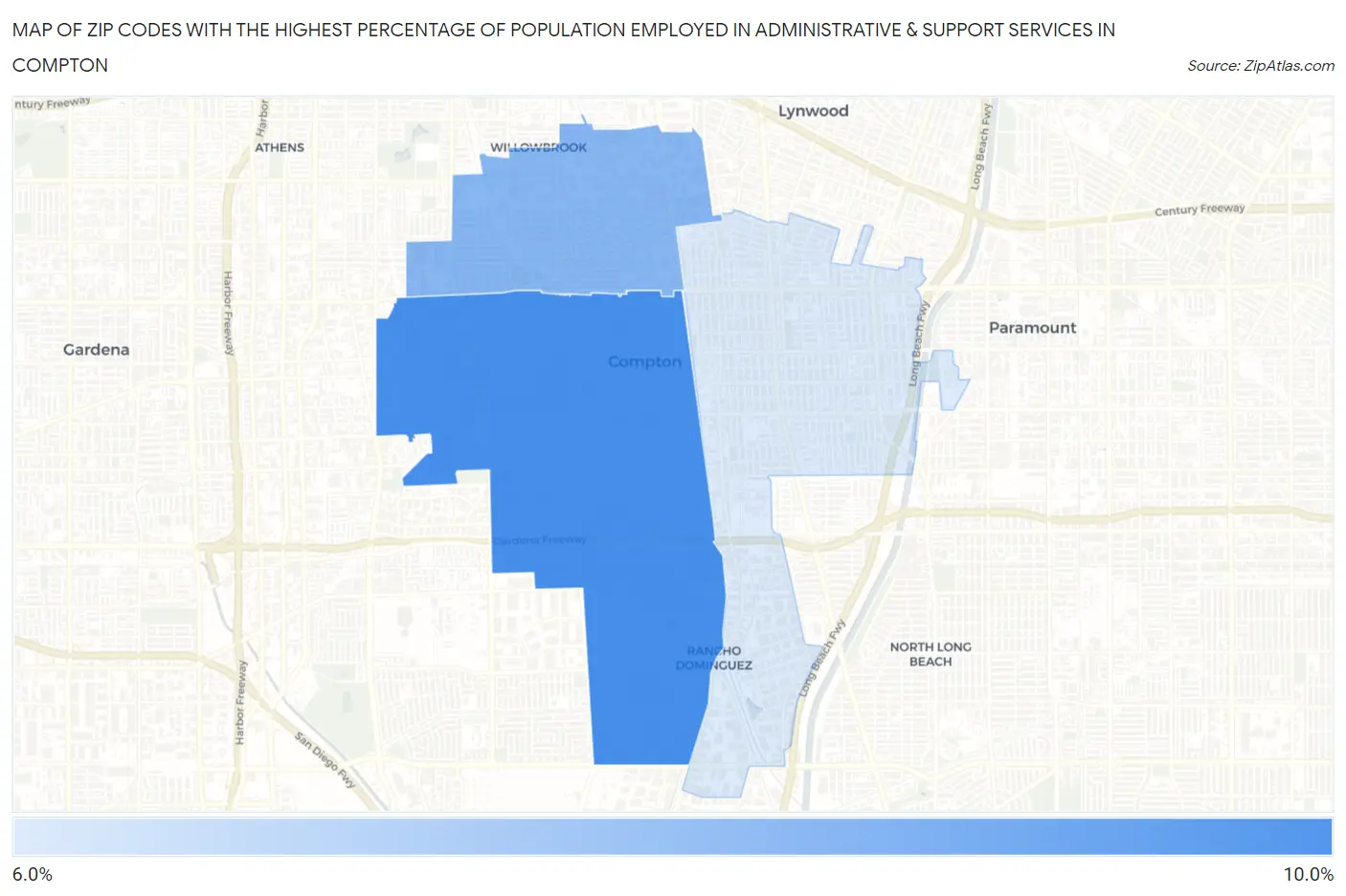 Zip Codes with the Highest Percentage of Population Employed in Administrative & Support Services in Compton Map