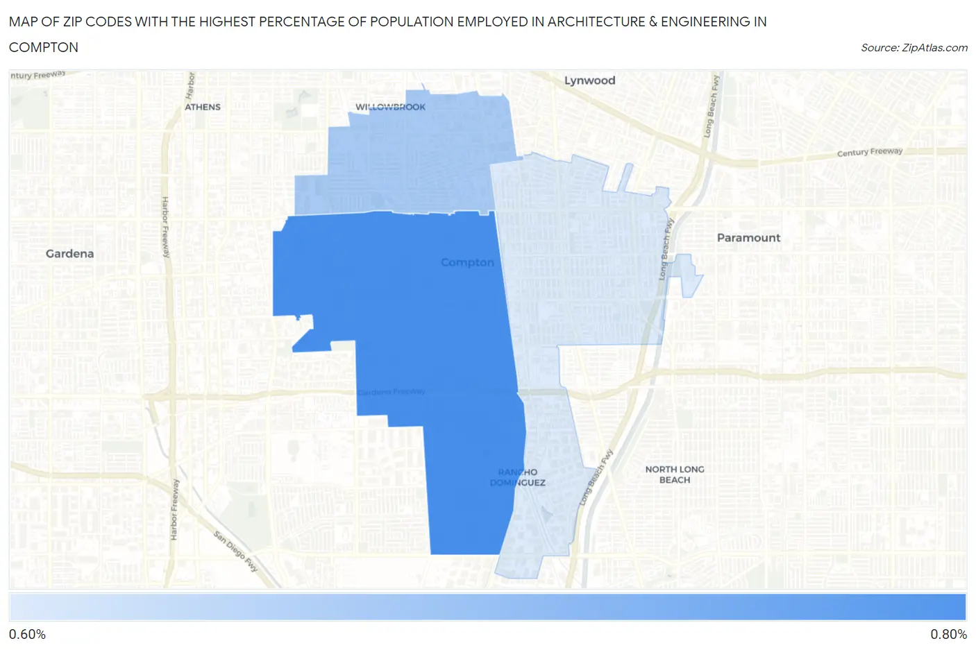 Zip Codes with the Highest Percentage of Population Employed in Architecture & Engineering in Compton Map
