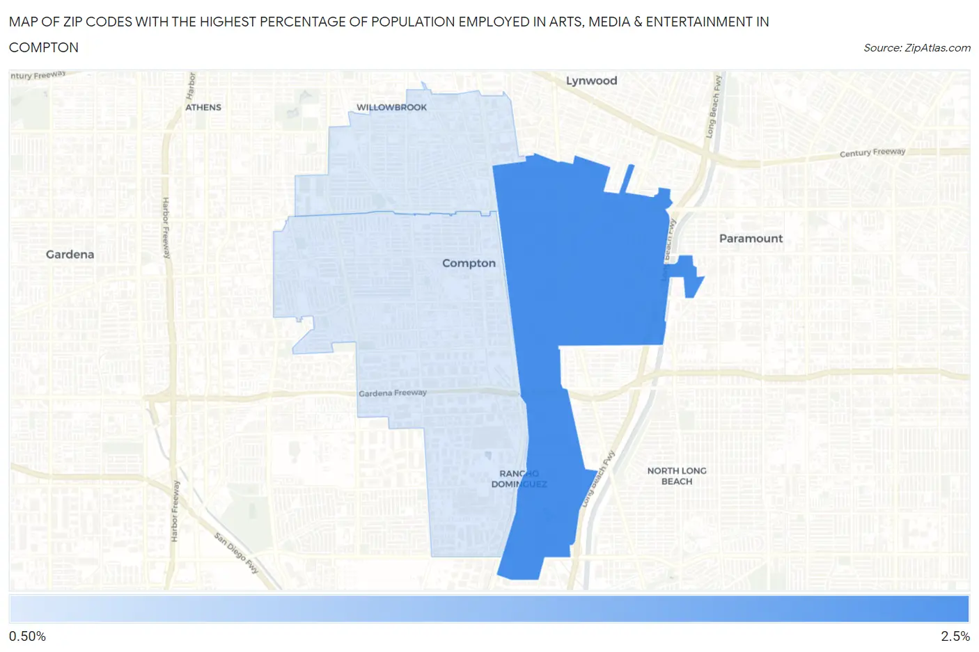 Zip Codes with the Highest Percentage of Population Employed in Arts, Media & Entertainment in Compton Map