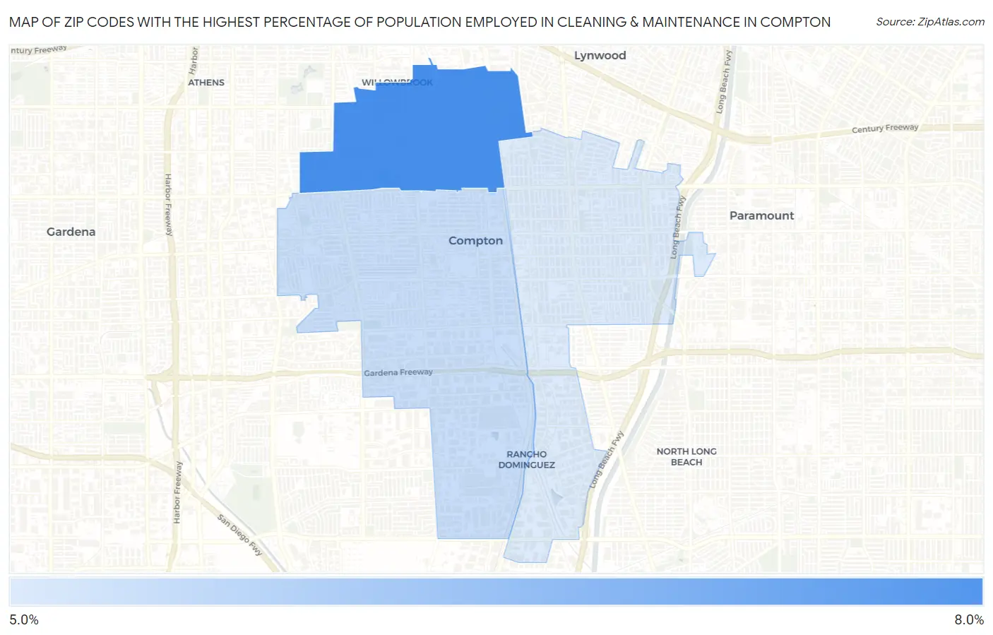 Zip Codes with the Highest Percentage of Population Employed in Cleaning & Maintenance in Compton Map