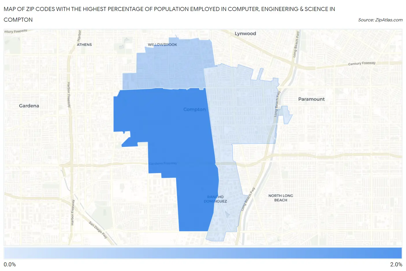 Zip Codes with the Highest Percentage of Population Employed in Computer, Engineering & Science in Compton Map