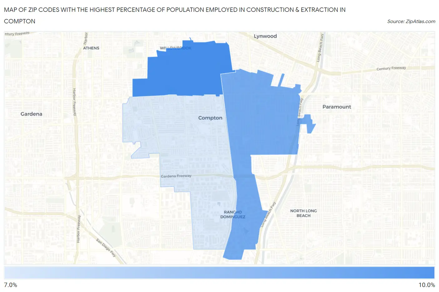 Zip Codes with the Highest Percentage of Population Employed in Construction & Extraction in Compton Map