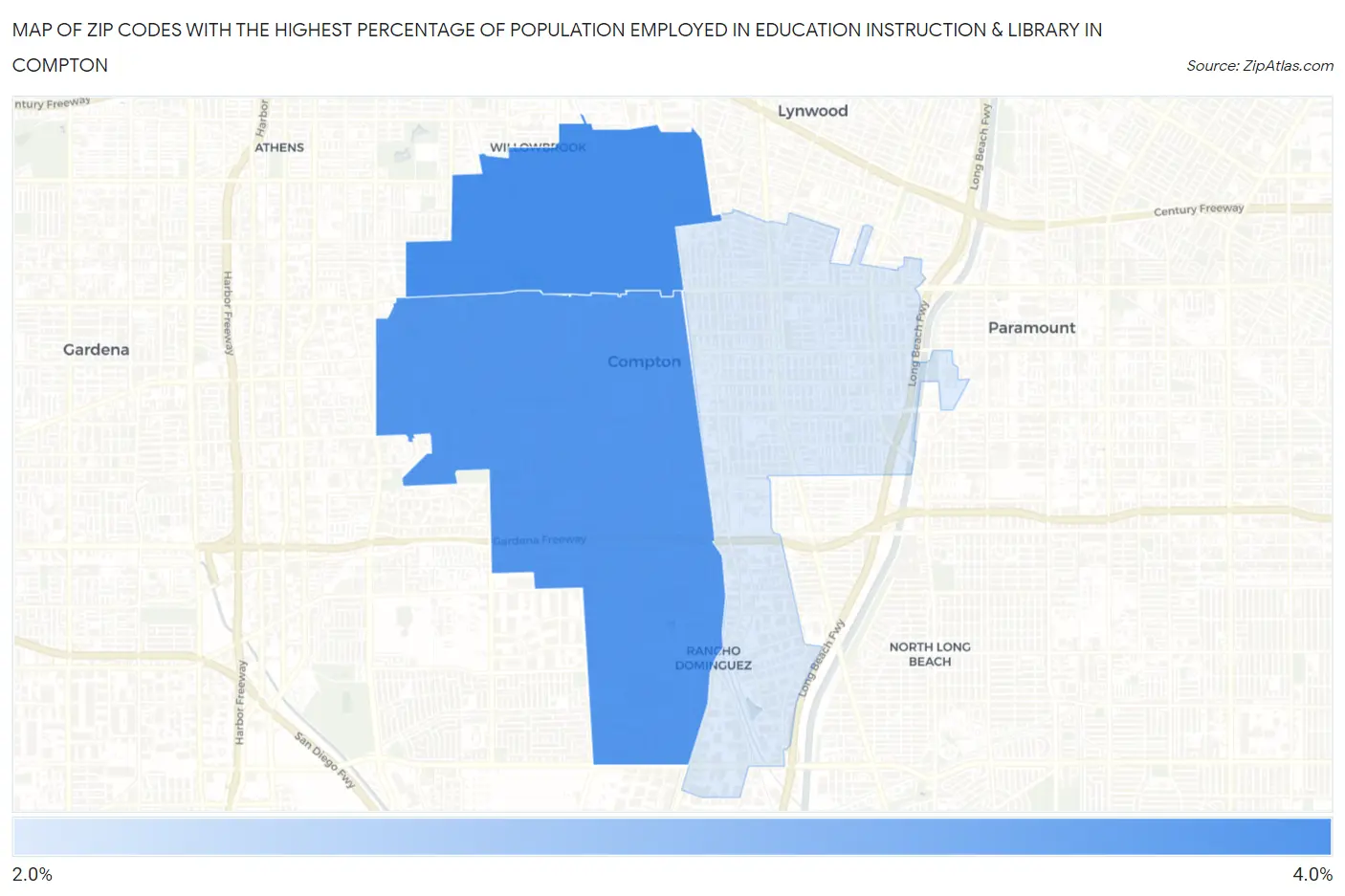 Zip Codes with the Highest Percentage of Population Employed in Education Instruction & Library in Compton Map