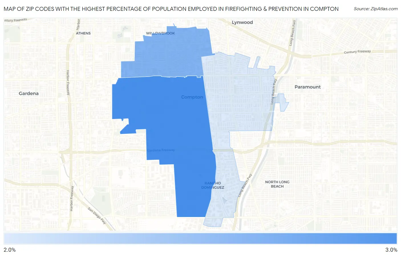 Zip Codes with the Highest Percentage of Population Employed in Firefighting & Prevention in Compton Map