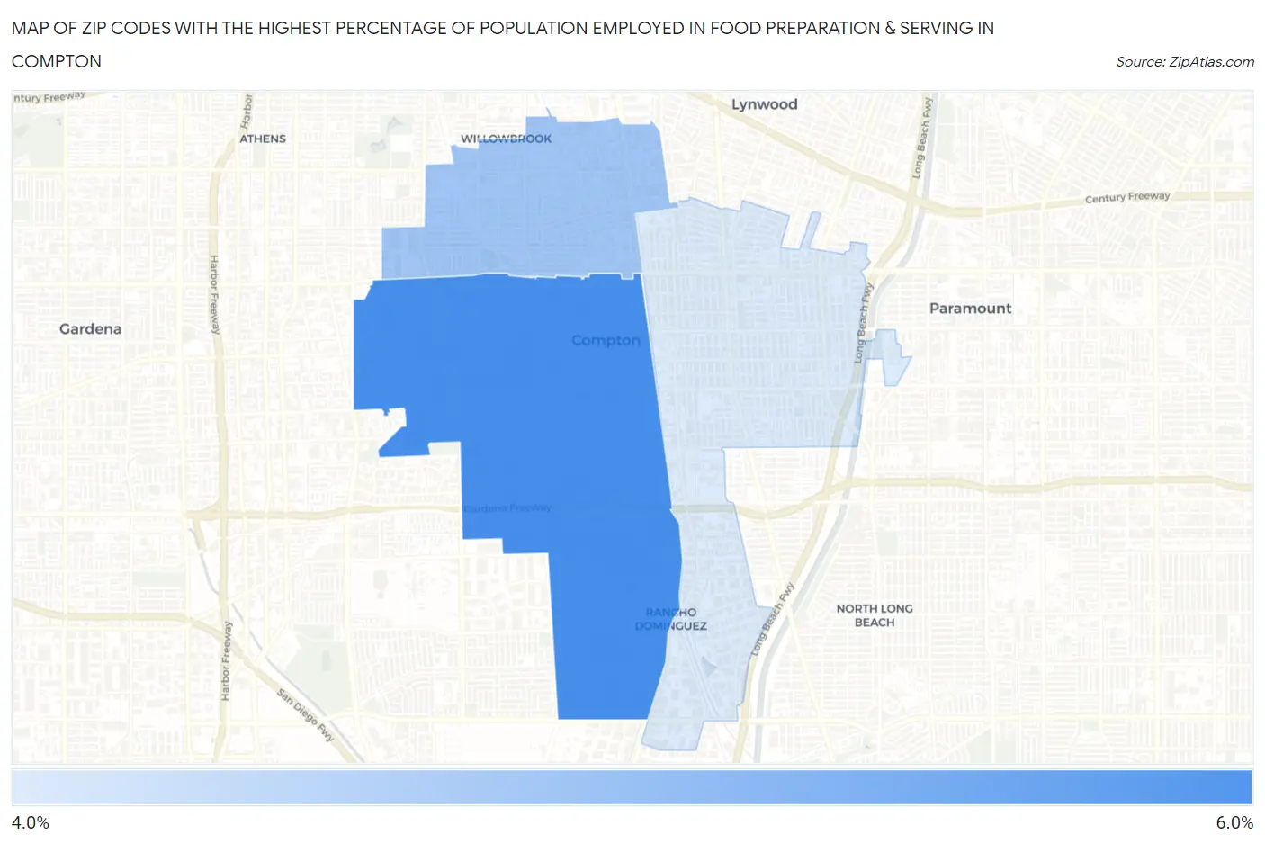 Zip Codes with the Highest Percentage of Population Employed in Food Preparation & Serving in Compton Map