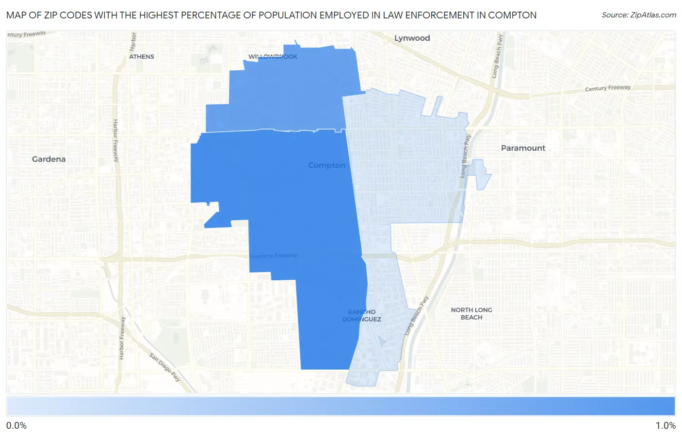Zip Codes with the Highest Percentage of Population Employed in Law Enforcement in Compton Map