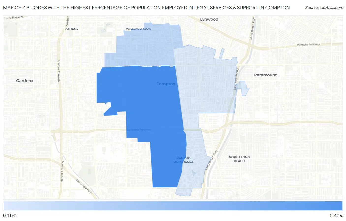 Zip Codes with the Highest Percentage of Population Employed in Legal Services & Support in Compton Map
