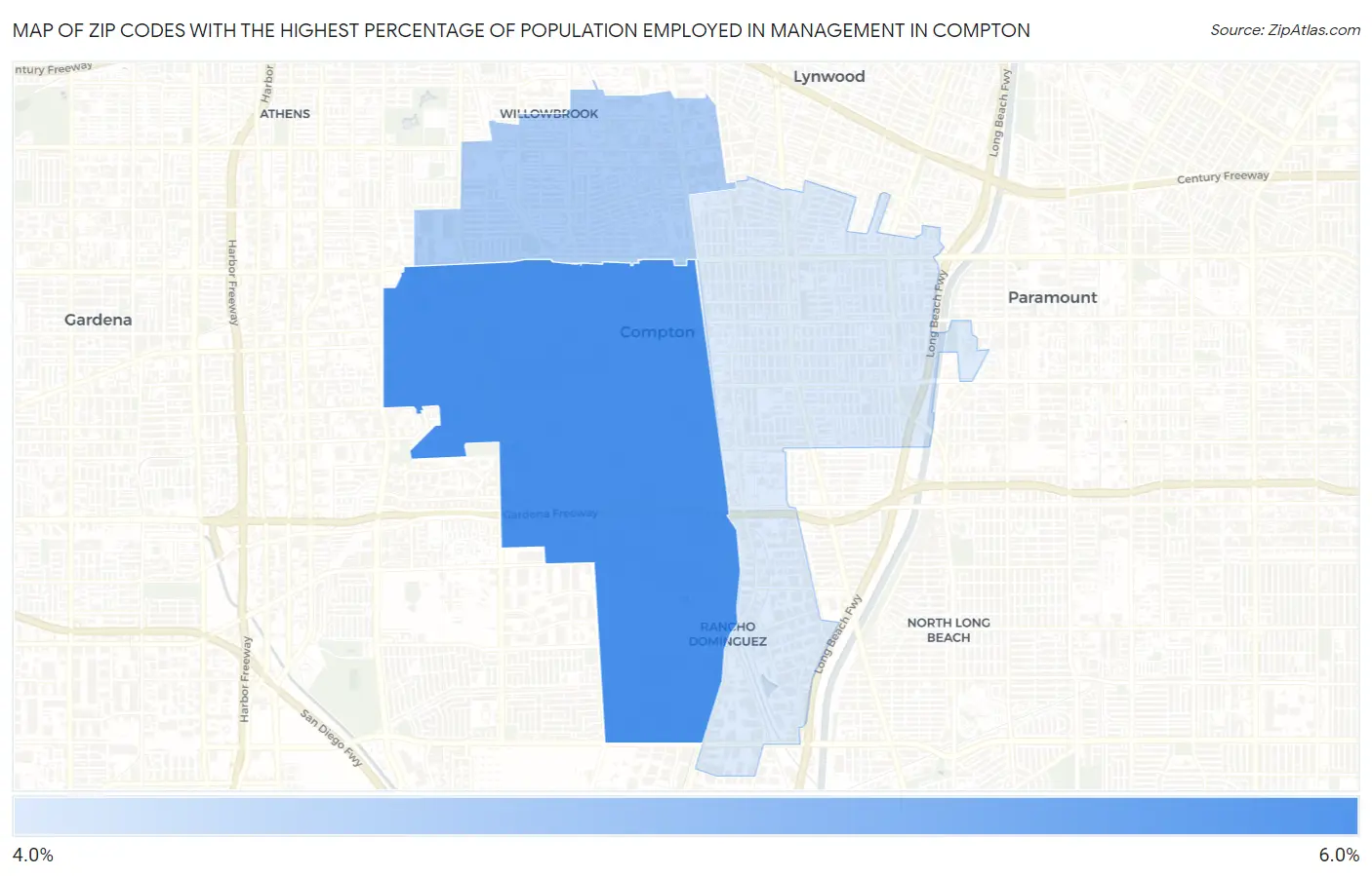 Zip Codes with the Highest Percentage of Population Employed in Management in Compton Map