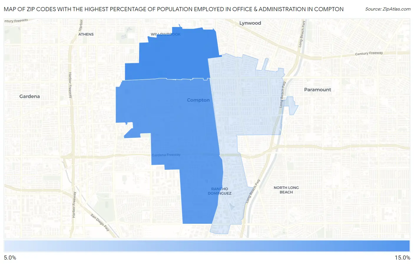 Zip Codes with the Highest Percentage of Population Employed in Office & Administration in Compton Map