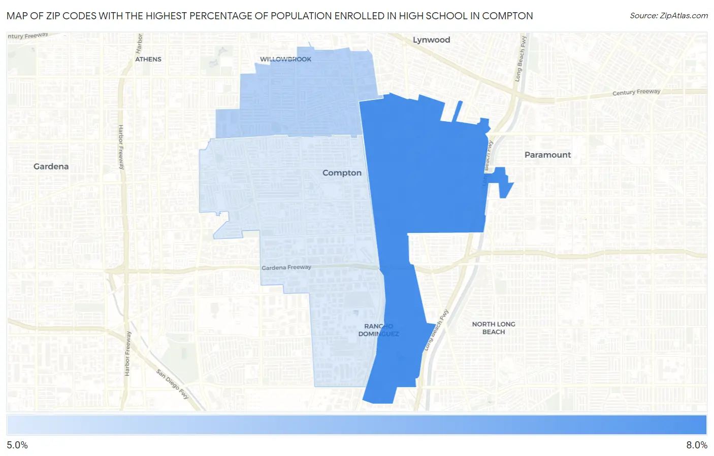 Zip Codes with the Highest Percentage of Population Enrolled in High School in Compton Map