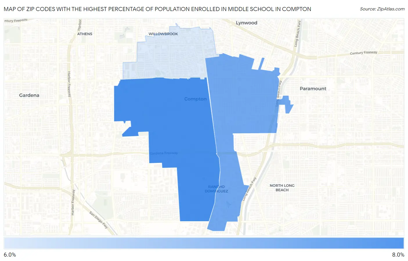 Zip Codes with the Highest Percentage of Population Enrolled in Middle School in Compton Map