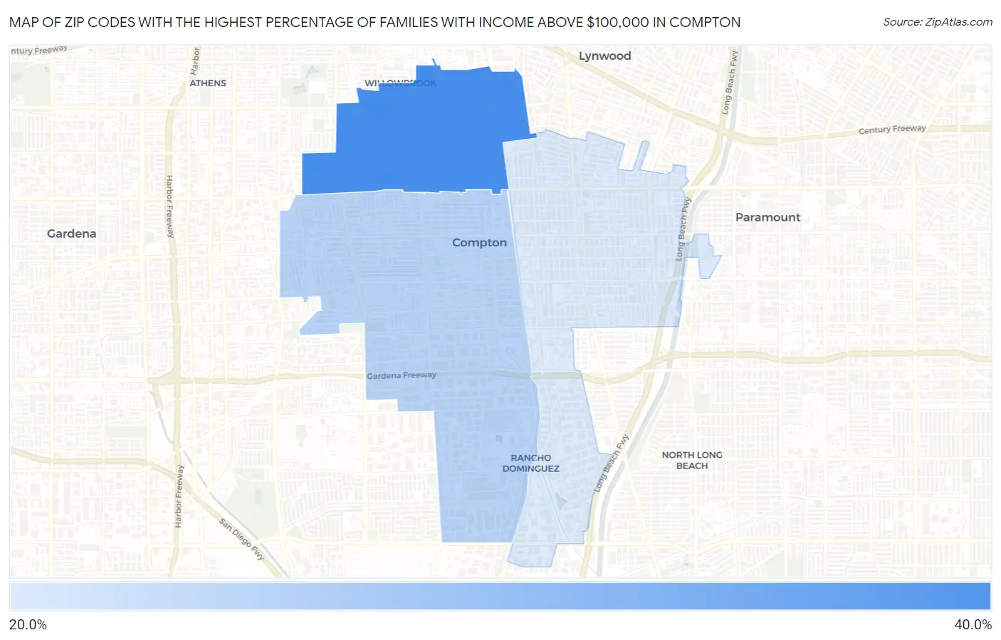 Zip Codes with the Highest Percentage of Families with Income Above $100,000 in Compton Map