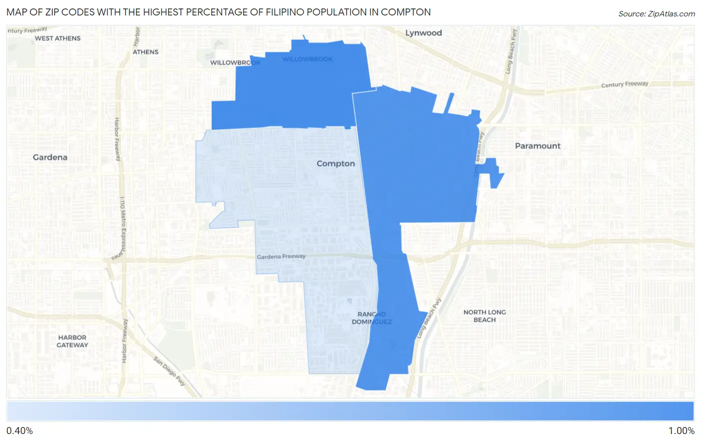 Zip Codes with the Highest Percentage of Filipino Population in Compton Map