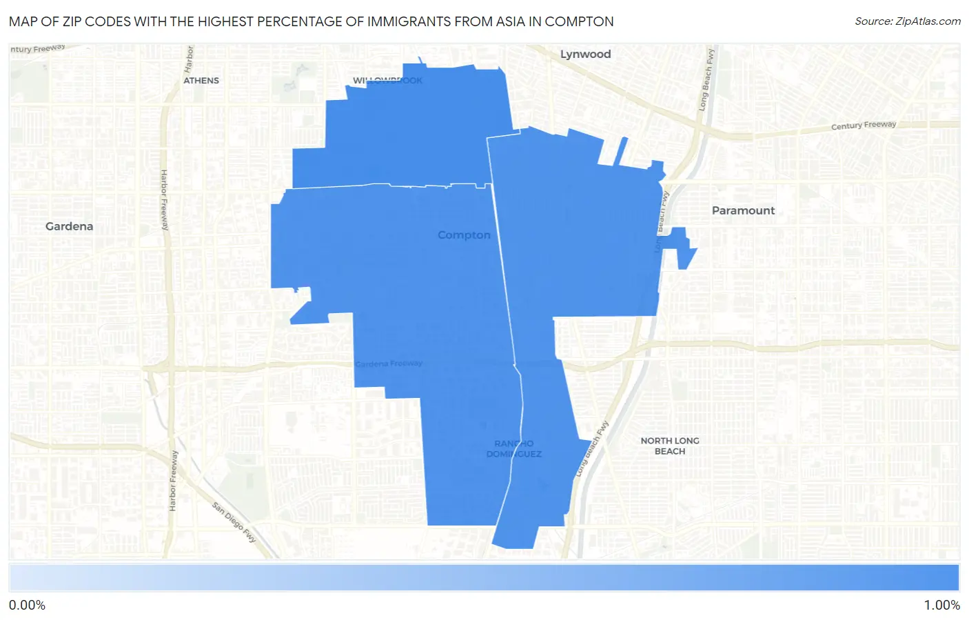 Zip Codes with the Highest Percentage of Immigrants from Asia in Compton Map