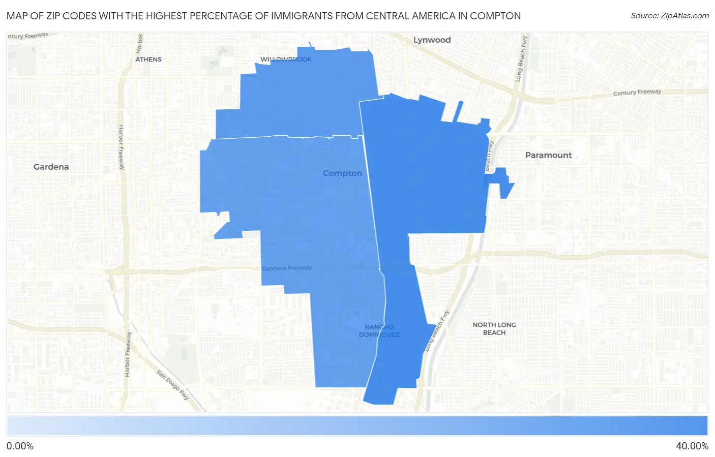 Zip Codes with the Highest Percentage of Immigrants from Central America in Compton Map