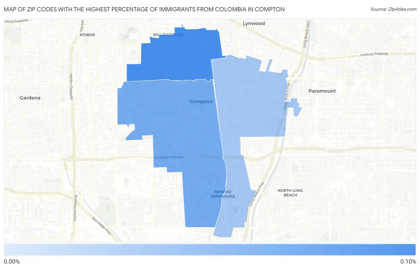 Zip Codes with the Highest Percentage of Immigrants from Colombia in Compton Map