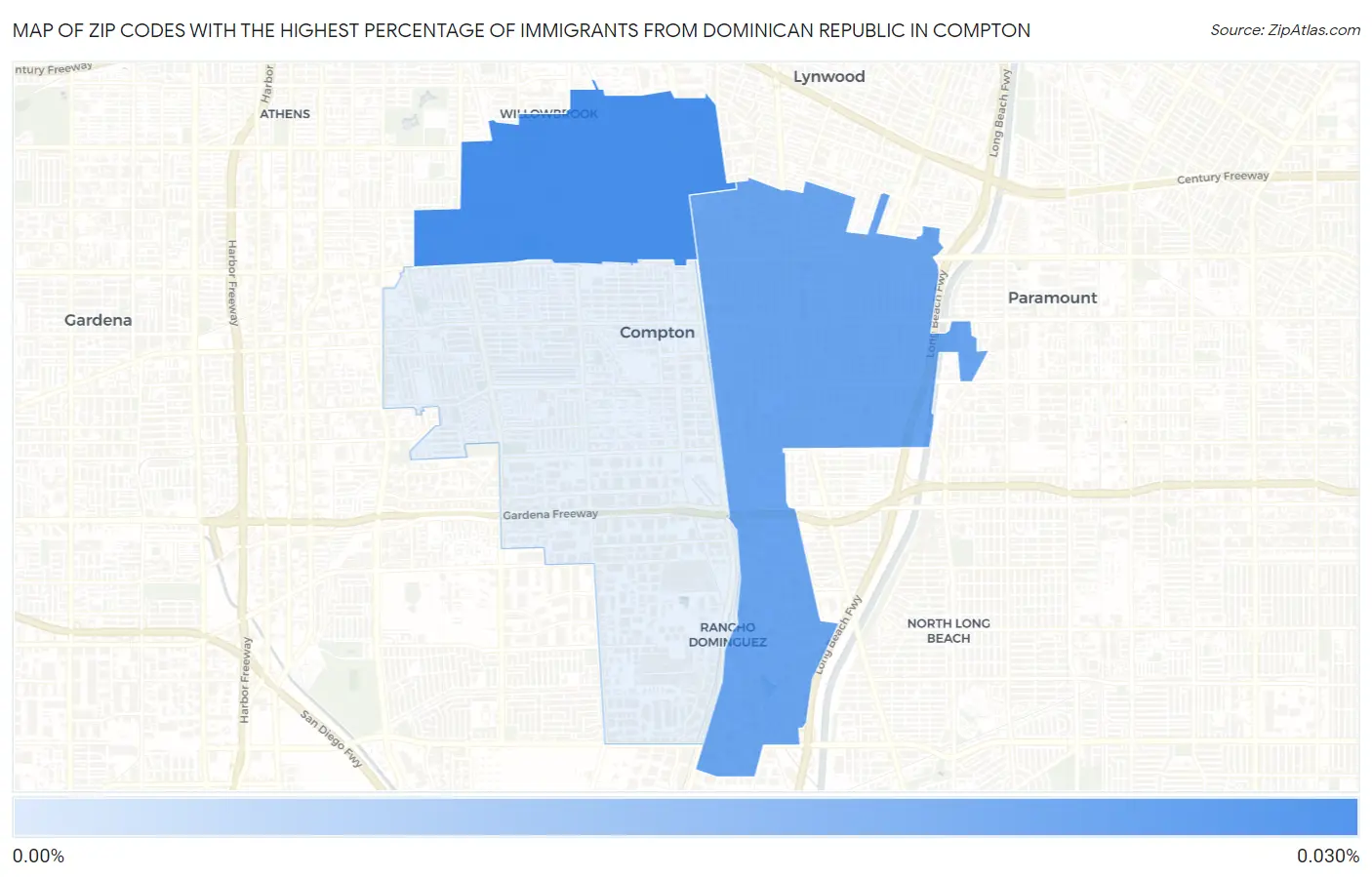 Zip Codes with the Highest Percentage of Immigrants from Dominican Republic in Compton Map