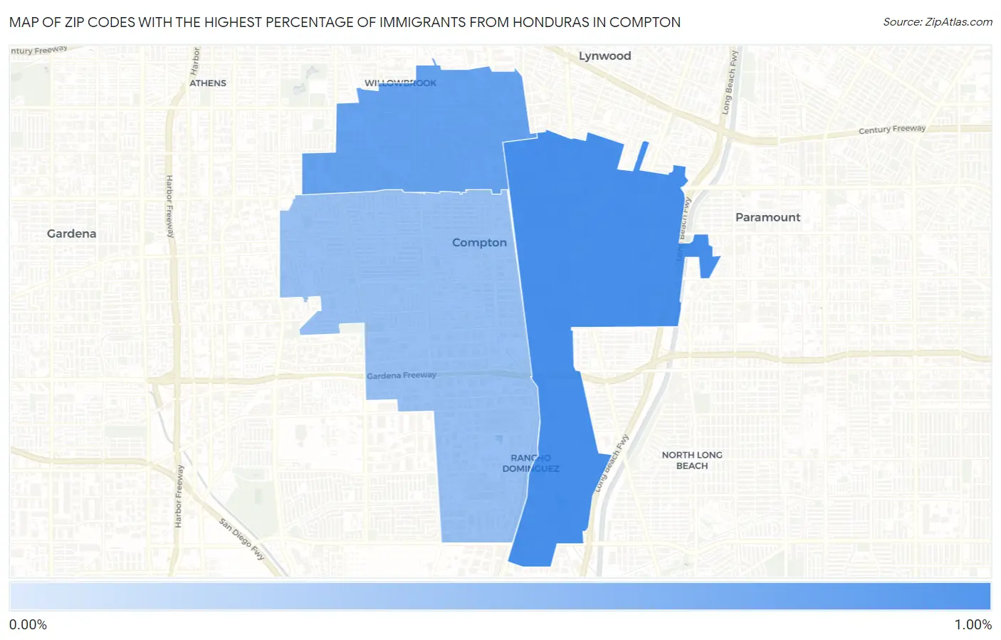 Zip Codes with the Highest Percentage of Immigrants from Honduras in Compton Map