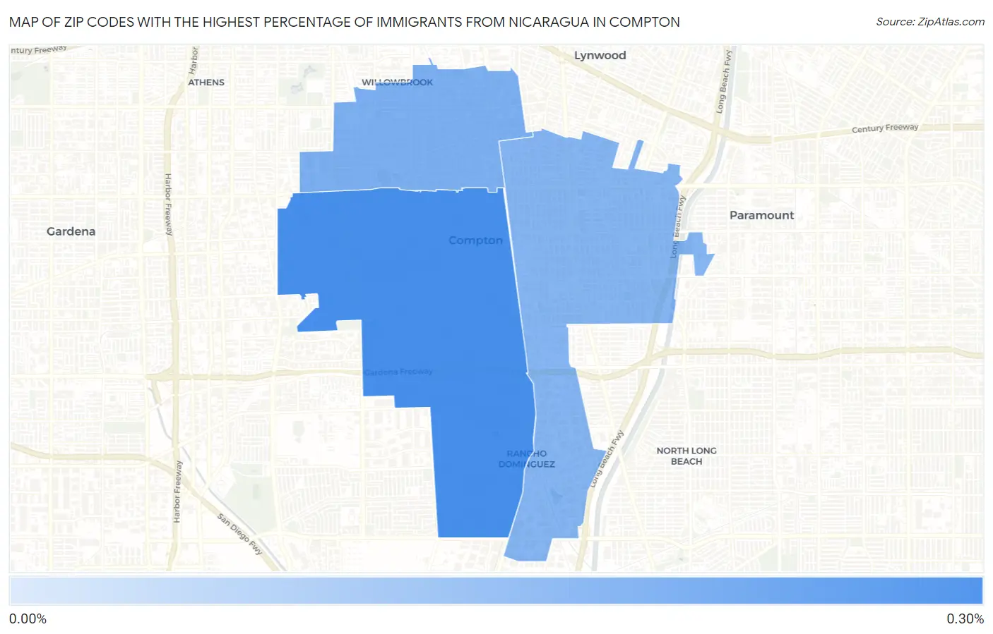 Zip Codes with the Highest Percentage of Immigrants from Nicaragua in Compton Map