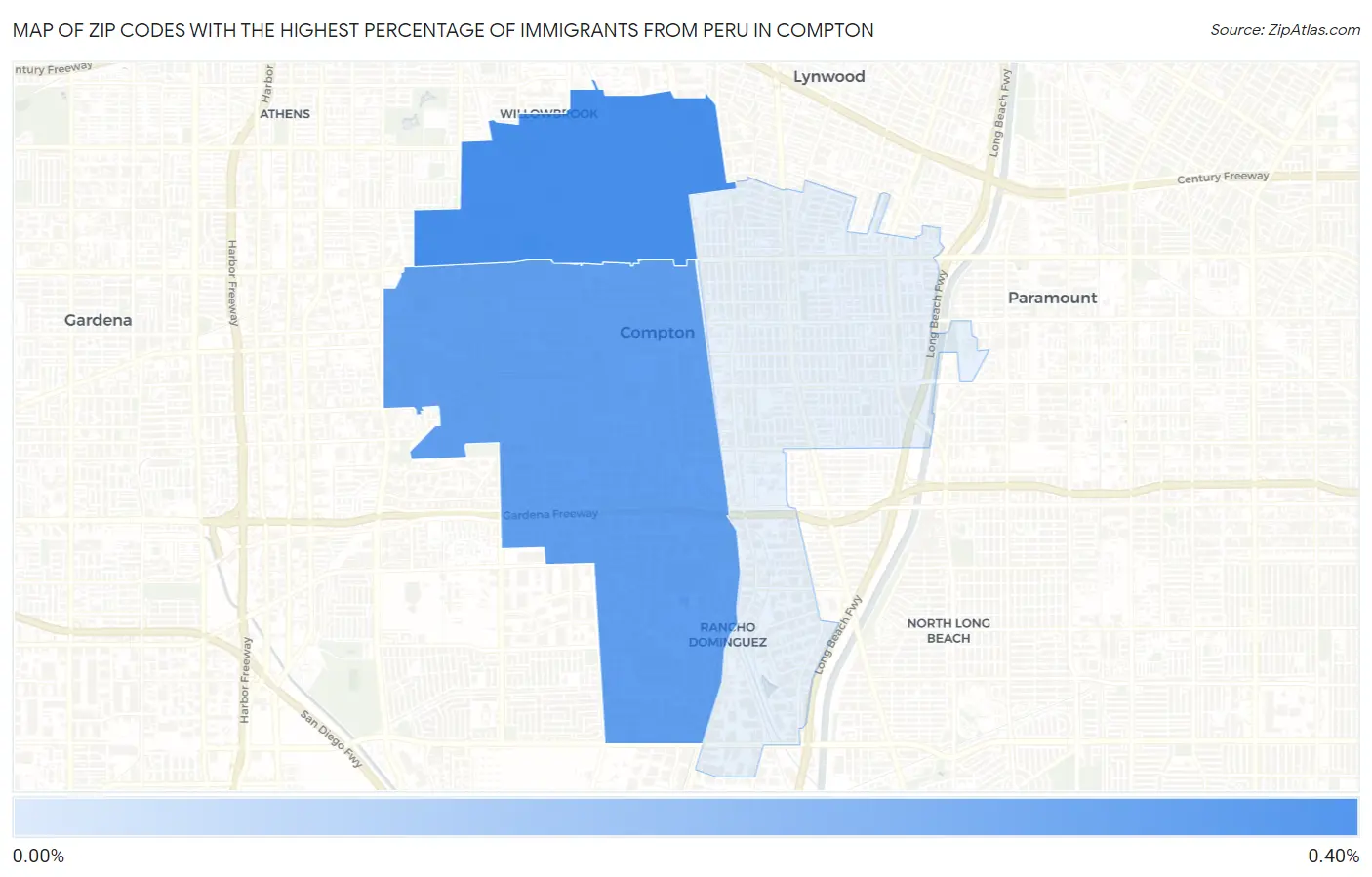 Zip Codes with the Highest Percentage of Immigrants from Peru in Compton Map