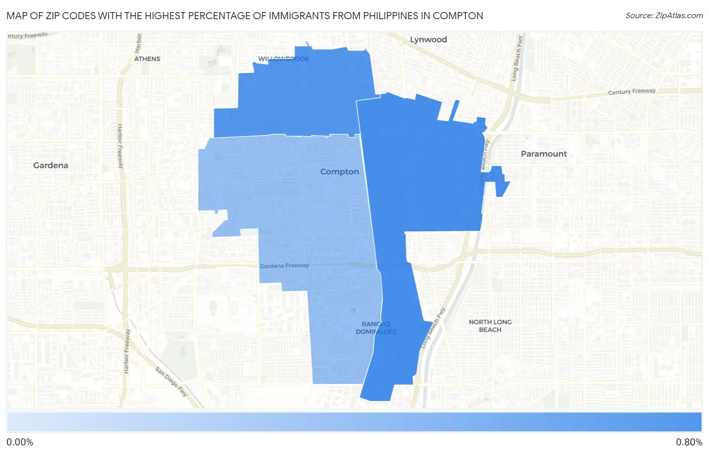 Zip Codes with the Highest Percentage of Immigrants from Philippines in Compton Map