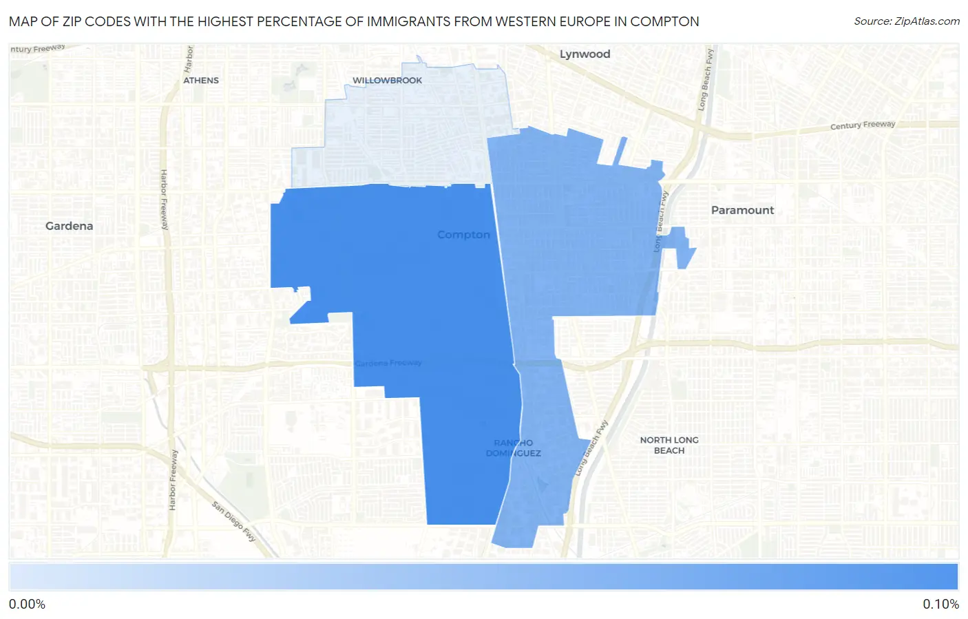 Zip Codes with the Highest Percentage of Immigrants from Western Europe in Compton Map