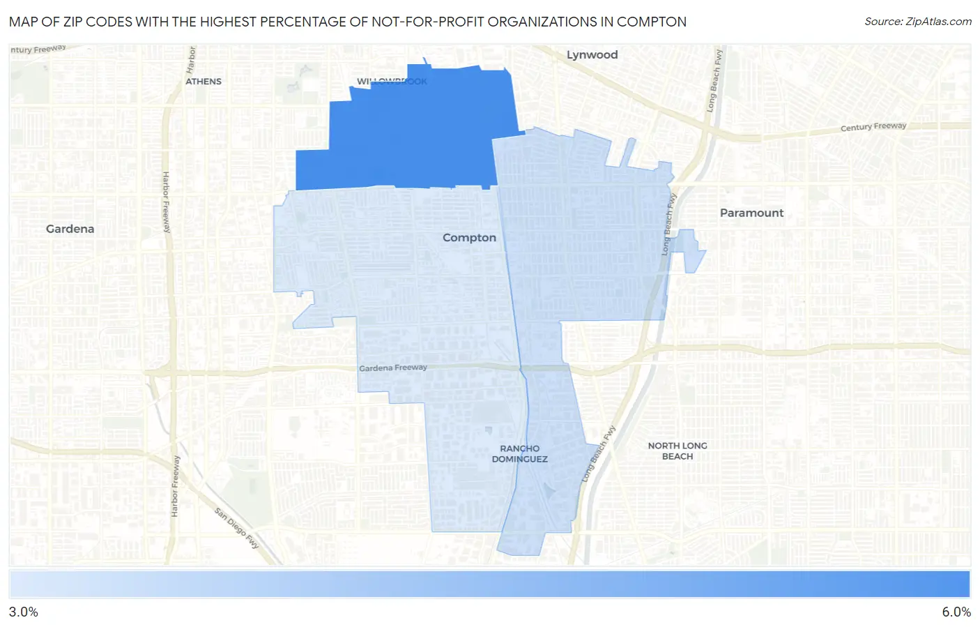 Zip Codes with the Highest Percentage of Not-for-profit Organizations in Compton Map