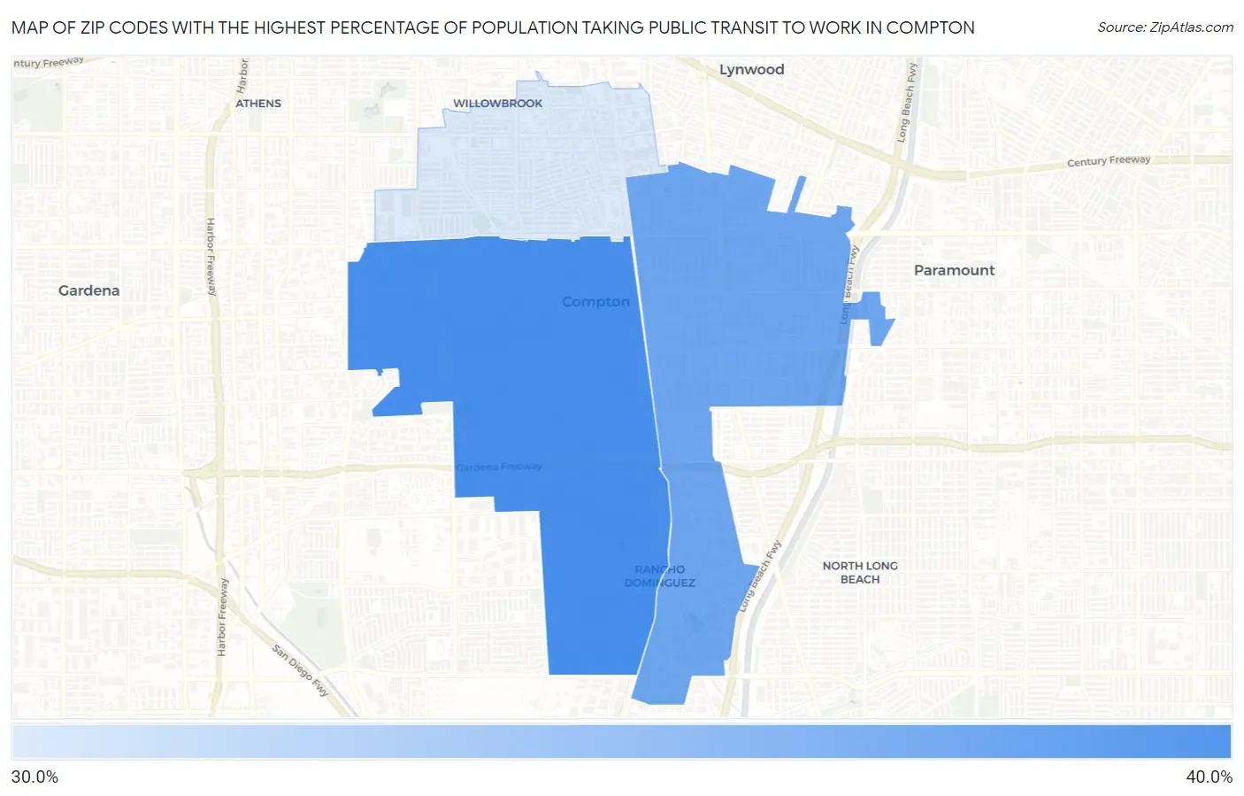 Zip Codes with the Highest Percentage of Population Taking Public Transit to Work in Compton Map