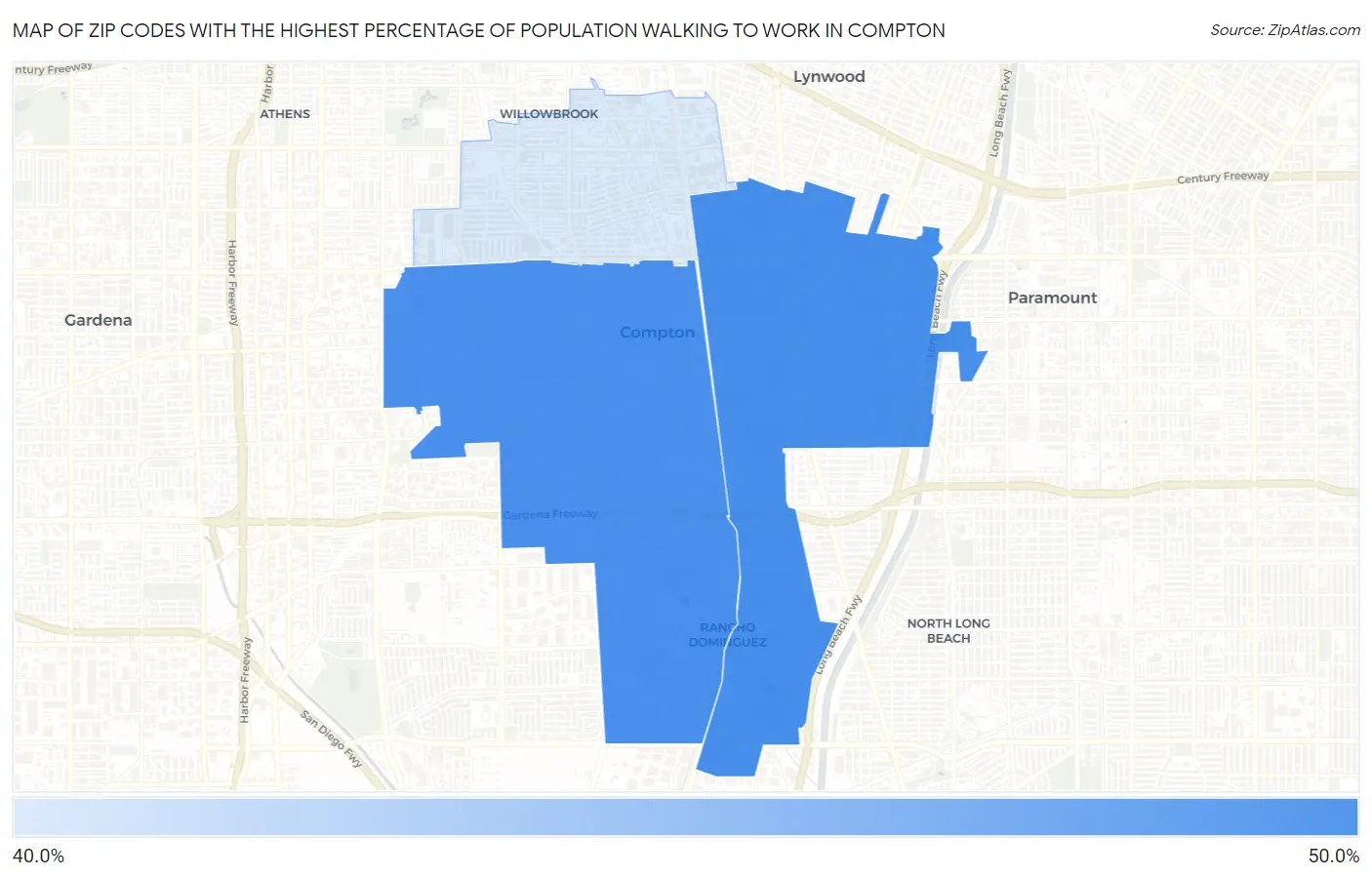 Zip Codes with the Highest Percentage of Population Walking to Work in Compton Map