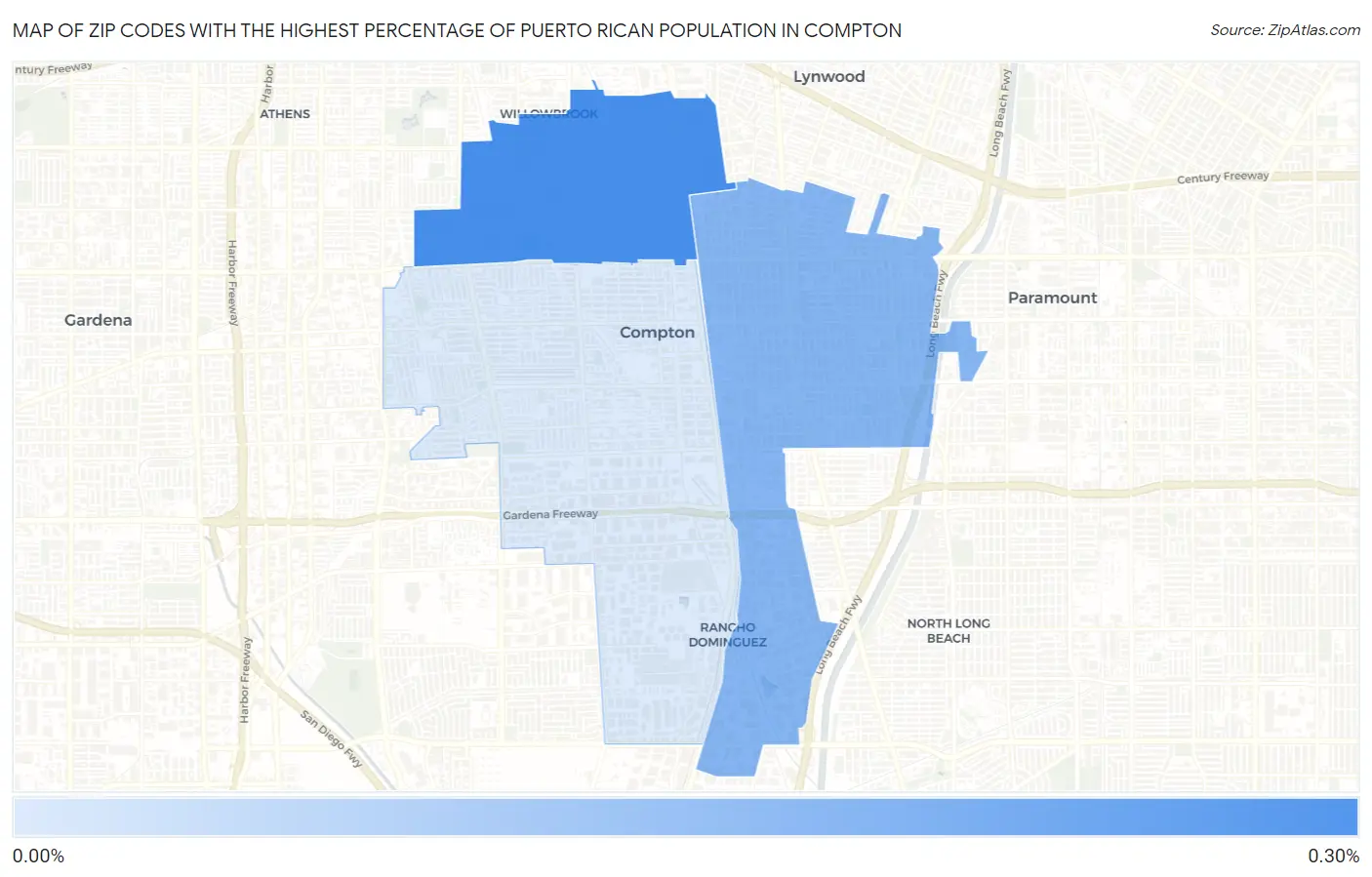Zip Codes with the Highest Percentage of Puerto Rican Population in Compton Map