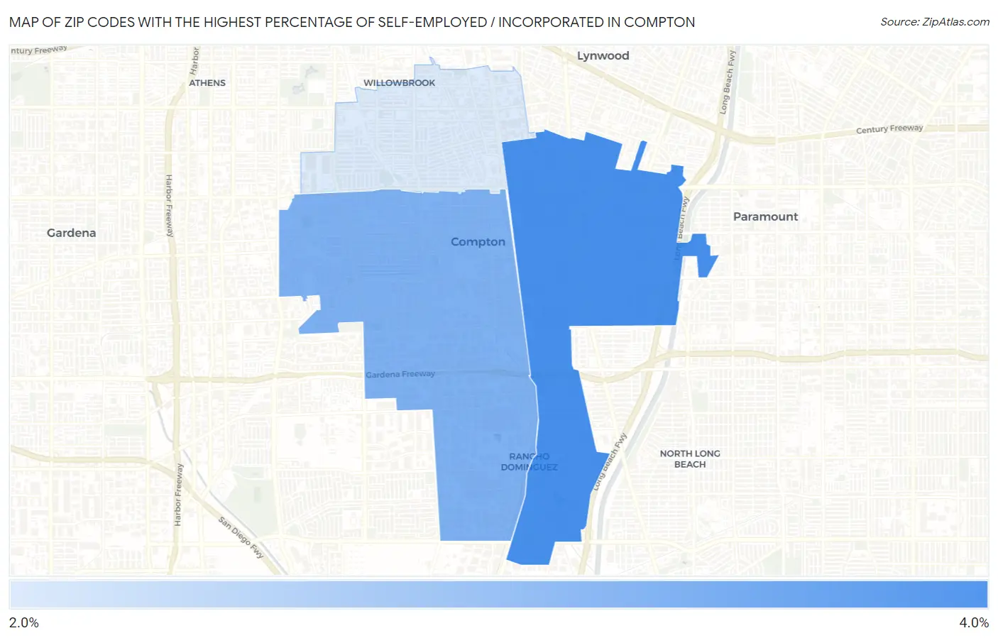 Zip Codes with the Highest Percentage of Self-Employed / Incorporated in Compton Map