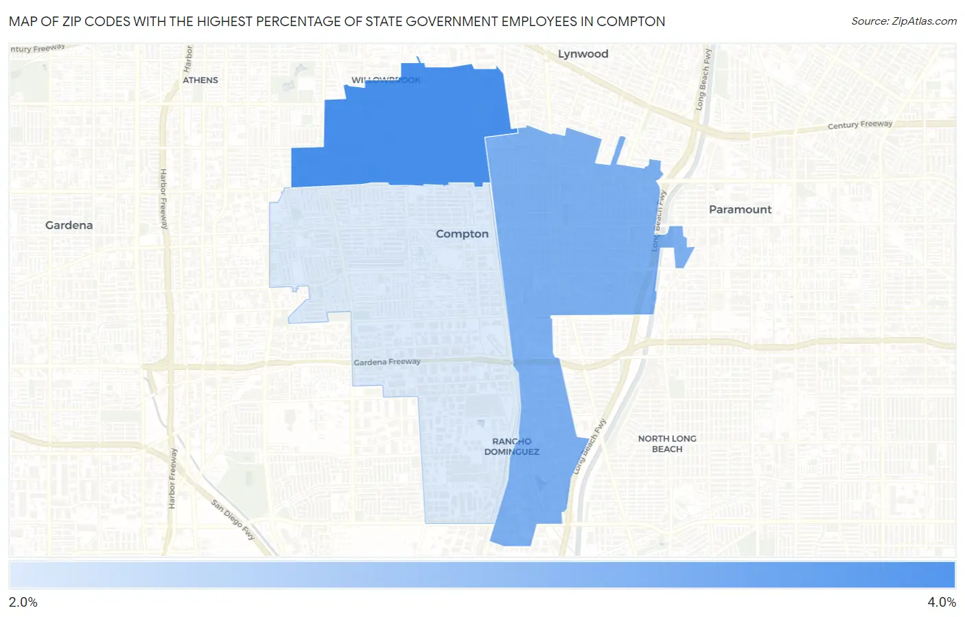 Zip Codes with the Highest Percentage of State Government Employees in Compton Map