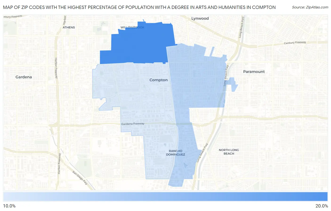 Zip Codes with the Highest Percentage of Population with a Degree in Arts and Humanities in Compton Map