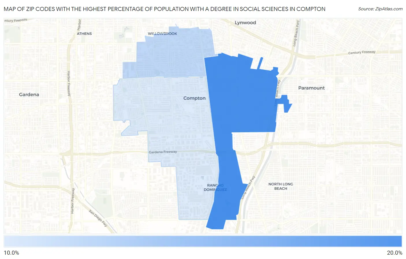Zip Codes with the Highest Percentage of Population with a Degree in Social Sciences in Compton Map